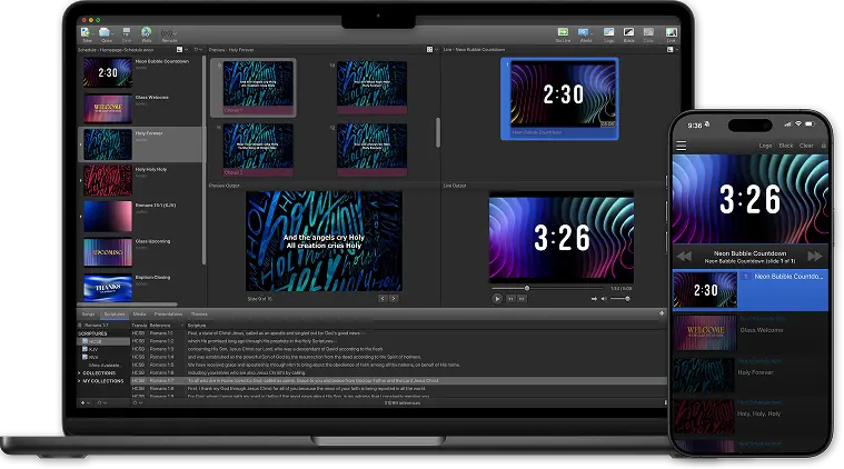 EasyWorship running on a laptop and phone, showing the schedule builder and countdown timer